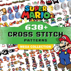 Puede incluir: Una colección de 630+ patrones de punto de cruz con personajes de Super Mario. La imagen muestra personajes pixelados, el logotipo de Super Mario y el texto "Mega Collection".