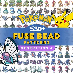 Może przedstawiać: Żywy obraz przedstawiający kolekcję ponad 530 wzorów koralików do prasowania z różnymi postaciami Pokémon. Obraz zawiera logo Pokémon, ilustrację Pikachu i motyw motyla. Tekst brzmi "530+ Fuse Bead Patterns Generation 4".