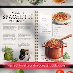 Może przedstawiać: Strona cyfrowego przepisu kulinarnego z przepisem na Spaghetti Bolognese Nonna. Strona zawiera akwarelową ilustrację składnik&oacute;w i gotowego dania. Przepis zawiera listę składnik&oacute;w i instrukcje przygotowania dania.