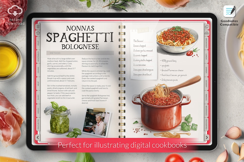 Może przedstawiać: Strona cyfrowego przepisu kulinarnego z przepisem na Spaghetti Bolognese Nonna. Strona zawiera akwarelową ilustrację składnik&oacute;w i gotowego dania. Przepis zawiera listę składnik&oacute;w i instrukcje przygotowania dania.