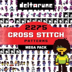 May include: A collection of pixel art characters from the video game Deltarune. The image features a red banner with the text "2275 CROSS STITCH PATTERNS MEGA PACK" and the Deltarune logo.