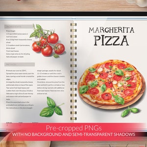 Może przedstawiać: Przepis na pizzę Margherita z akwarelową ilustracją pizzy i składnik&oacute;w. Przepis zawiera listę składnik&oacute;w i instrukcje dotyczące przygotowania pizzy. Tekst na stronie brzmi "Margherita Pizza".