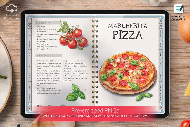Może przedstawiać: Przepis na pizzę Margherita z akwarelową ilustracją pizzy i składnik&oacute;w. Przepis zawiera listę składnik&oacute;w i instrukcje dotyczące przygotowania pizzy. Tekst na stronie brzmi "Margherita Pizza".