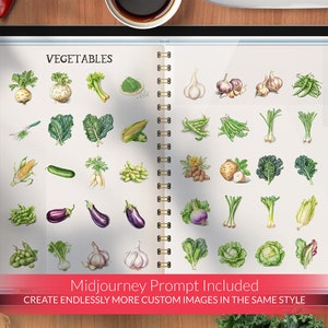 Może przedstawiać: Tablet cyfrowy wyświetlający stronę z cyfrowego planera z ilustracjami r&oacute;żnych warzyw. Strona nosi tytuł "VEGETABLES" i zawiera r&oacute;żne warzywa, takie jak czosnek, bakłażan, kukurydza i kapusta. Tablet znajduje się na drewnianej powierzchni z innymi warzywami wok&oacute;ł.