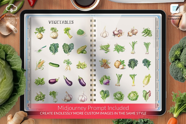Może przedstawiać: Tablet cyfrowy wyświetlający stronę z cyfrowego planera z ilustracjami r&oacute;żnych warzyw. Strona nosi tytuł "VEGETABLES" i zawiera r&oacute;żne warzywa, takie jak czosnek, bakłażan, kukurydza i kapusta. Tablet znajduje się na drewnianej powierzchni z innymi warzywami wok&oacute;ł.
