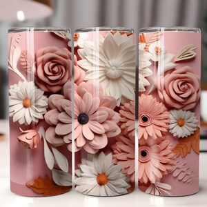 3D Pink Flowers Tumbler Wrap, 20 oz Skinny Tumbler Sublimation Design, Straight & Tapered Tumbler Wraps, PNG file formats