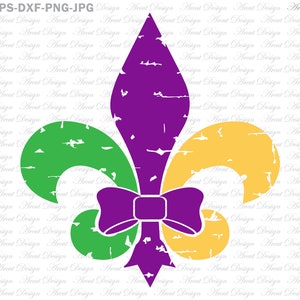 リボン付きディストレスト フルール ド リス SVG、マルディグラ SVG、フルール ド リス クリップアート、クリカット用 SVG ファイル、ファット チューズデー SVG、クリカット カット ファイル、SVG ファイル
