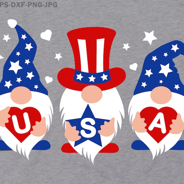 4th of July Gnomes SVG, Independence Day Patriotic Gnomes Clipart American USA Flag Svg Dxf Cut files for Cricut and Silhouette Png Jpg file