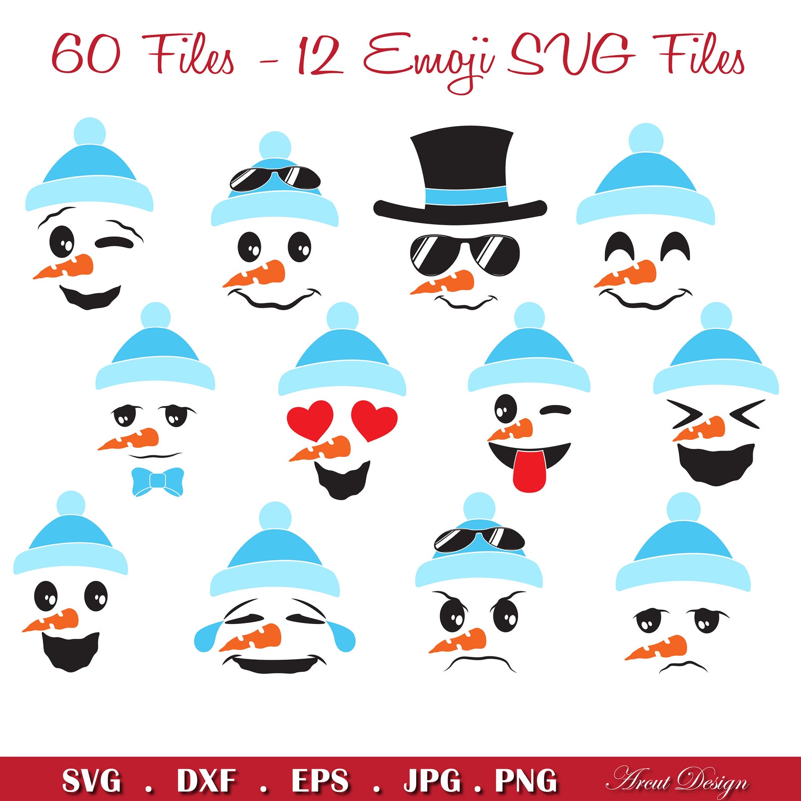 60 Files and 12 Emoji SVG Items, Snowman Emojis SVG Bundle, Christmas