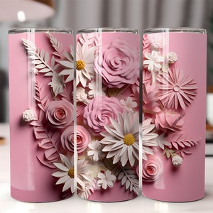 3D Pink Flowers Tumbler Wrap, 20 oz Skinny Tumbler Sublimation Design, Straight & Tapered Tumbler Wraps, PNG file formats