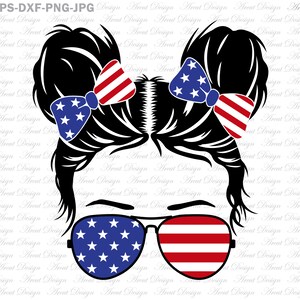 4th of July Messy Bun Hair Mini SVG, American Patriotic Mom Bun Hair Sunglasses Headband Mom Life, svg files for cricut,Svg Eps Dxf Png file