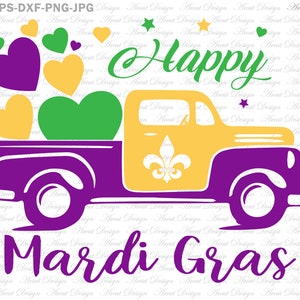 ハッピー マルディグラ トラック svg、マルディグラ svg、トラック svg、フルール ド リス svg、シャツ デザイン svg、子供用マルディグラ、マルディグラ カット ファイル、Svg ファイル