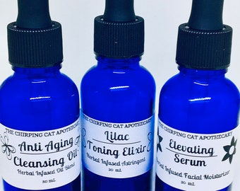 Herbal Anti Aging Skincare Kit - Set of 3 - Cleansing Oil, Toner, Serum