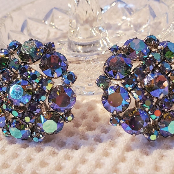 Vintage Signed SHERMAN Large Round Blue and Aurora Borealis Crystals Clip On Earrings