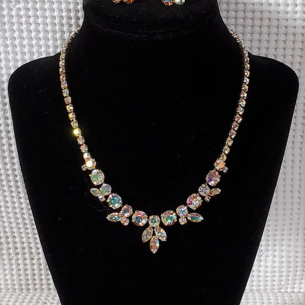 Vintage SIGNED SHERMAN Aurora Borealis Crystal Necklace and matching Clip On Earrings SET