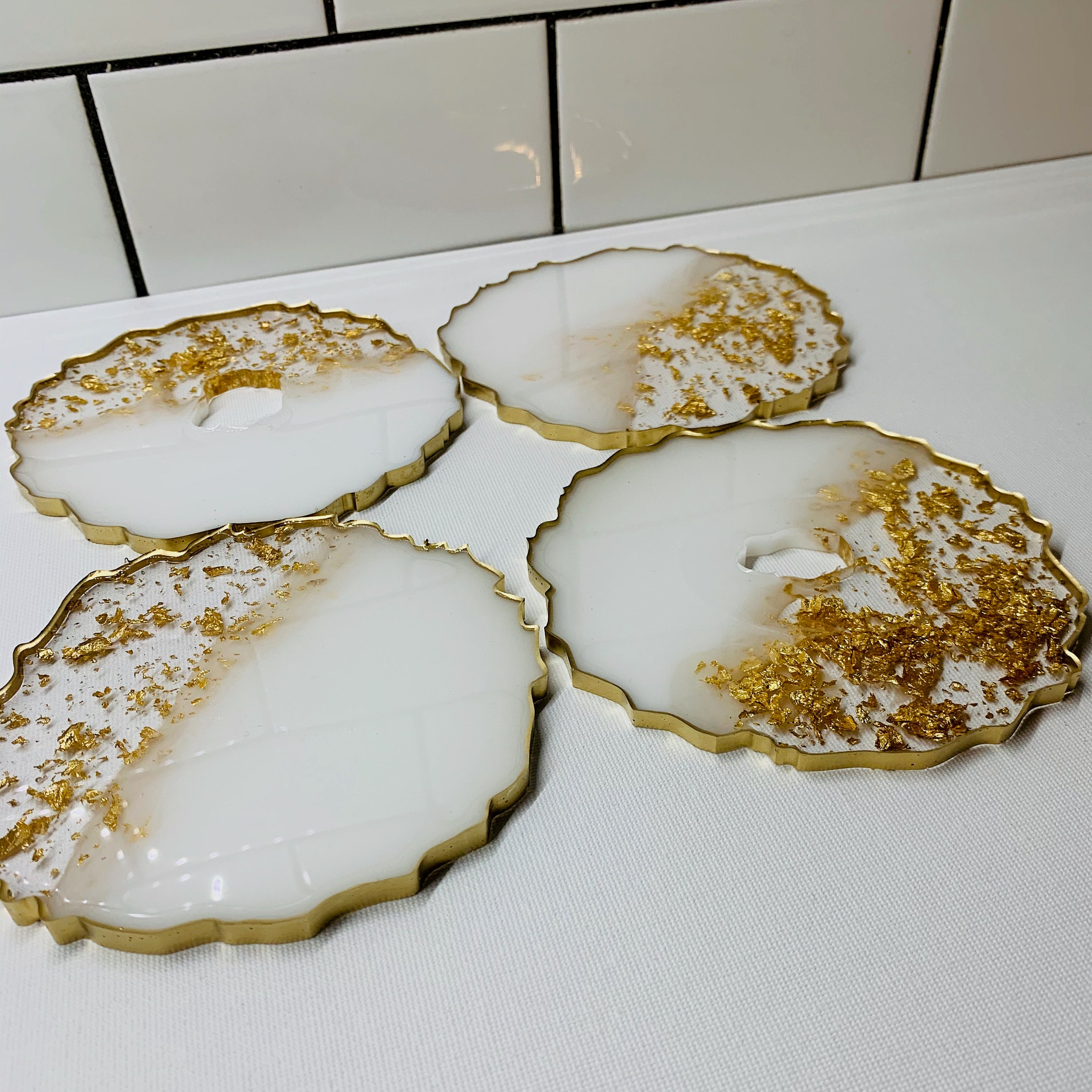 White and gold coasters Resin coasters Gold and white Etsy