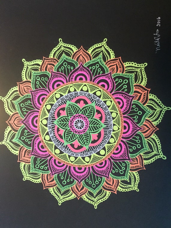 9 X 12 Neon Mandala on Black Paper // Handdrawn // Gel Pen Ink // 