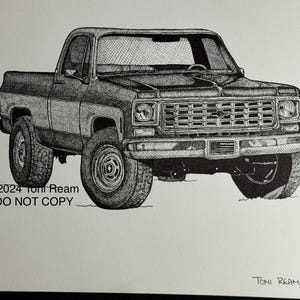 ORIGINAL Chevy Truck Sketch | Chevrolet Pickup Squarebody Classic Car Art Collectible Man Cave OOAK Crosshatch Ink & Paper Wall Decor V8