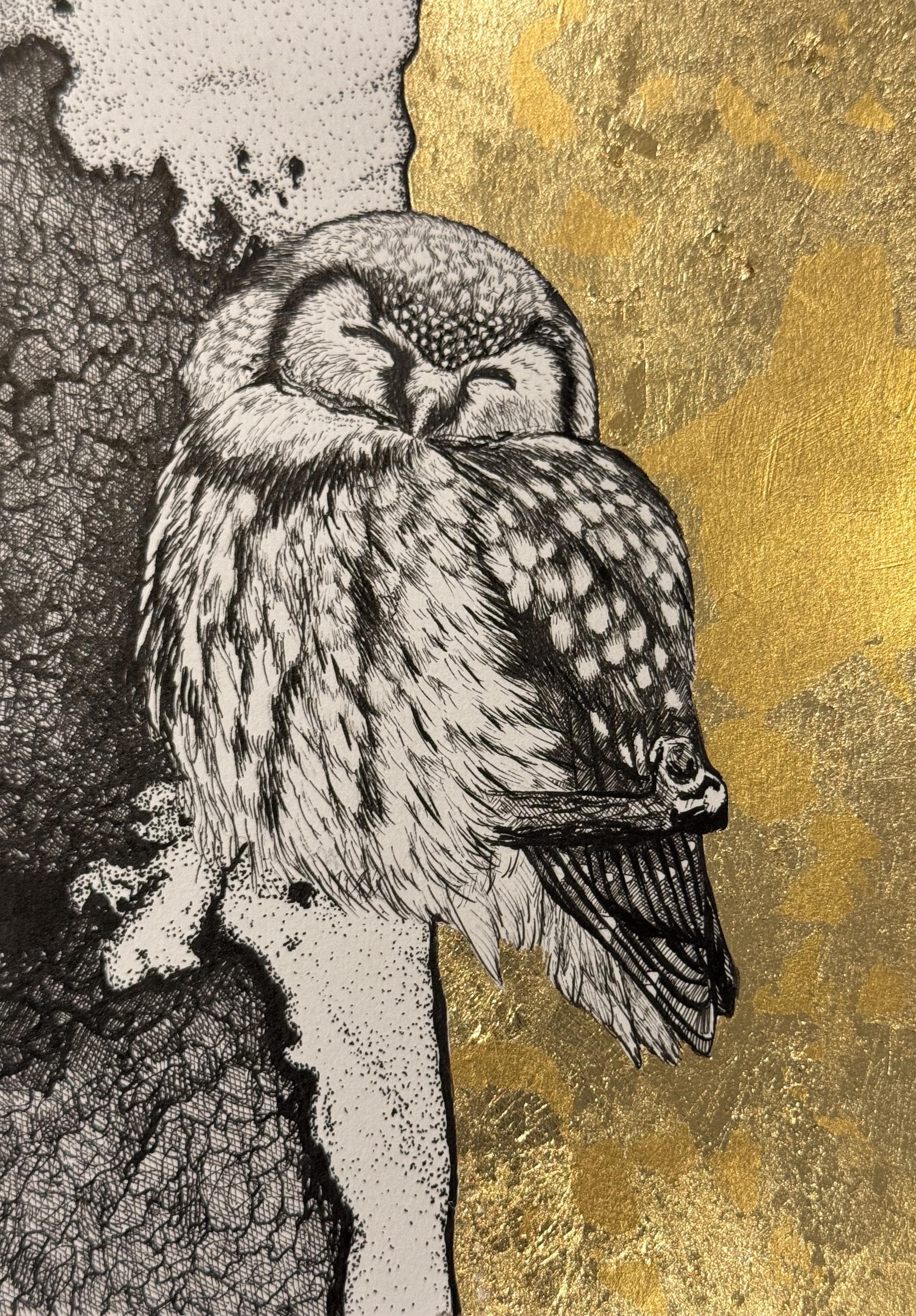 ORIGINAL Cute Owl Fine Art Gold Leaf | OOAK | Farmhouse Bird Of Prey Gothic Bird Sketch Farm | Wall 