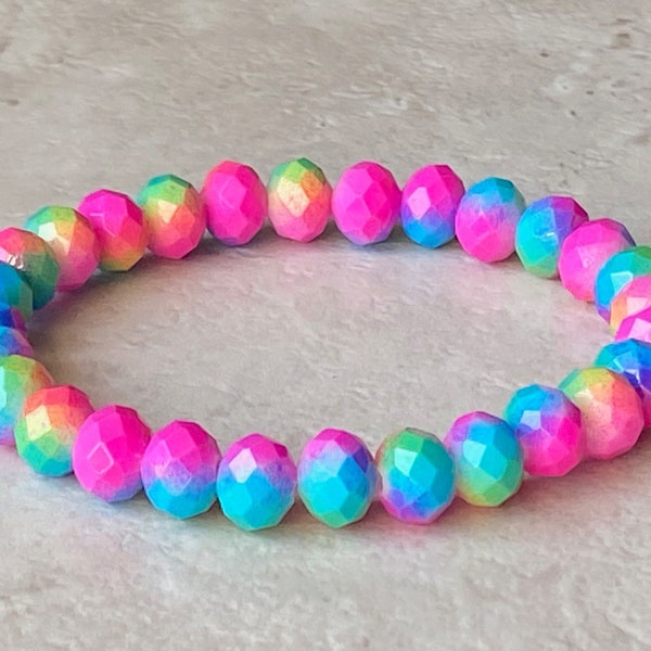 Neon Rainbow Bracelet, Neon Rainbow Faceted Glass Bead Bracelet, 8mm Beads, Stretchy Bracelet, Stacking Bracelet, Handmade Bracelet