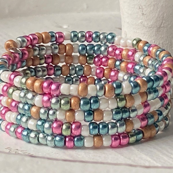 Pink / Green Beaded Memory Wire Bracelet, Coil Bracelet, Glass Seed Beads, Handmade Bracelet