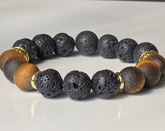 Matte Tiger Eye and Black Lava Bead Bracelet, 10mm Tiger Eye Lava Bead Stretchy Bracelet, Unisex Bracelet, Handmade Bracelet