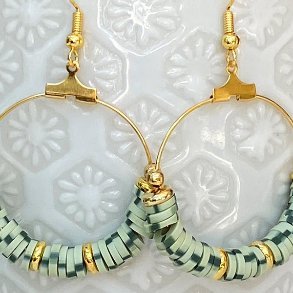 Mint Speckled Heishi Clay Bead Earrings, Heishi Clay Bead Hoop Earrings, Clay Bead Earrings