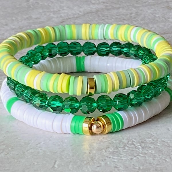 Heishi Bracelet Stack, Mixed Green Heishi Bracelet Stack, Clay Bead Bracelets, Faceted Glass Bracelet, Preppy Bracelets, Handmade Bracelets