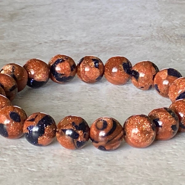 Blue Goldstone Bracelet, Goldstone / Blue Stretchy Bracelet, 10mm Beads, Stacking Bracelet, Handmade Bracelet