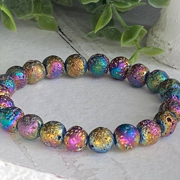 Rainbow-Plated Lava Stone Bead Stretchy Bracelet, Lava Stone Bracelet, Volcanic Stone, 8mm Beads, Stacking Bracelet, Handmade Bracelet