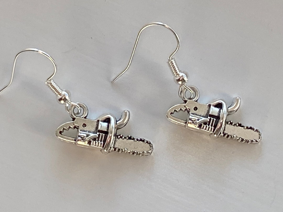 Chainsaw Earrings Silver Chainsaw Earrings Chainsaw Dangle Etsy