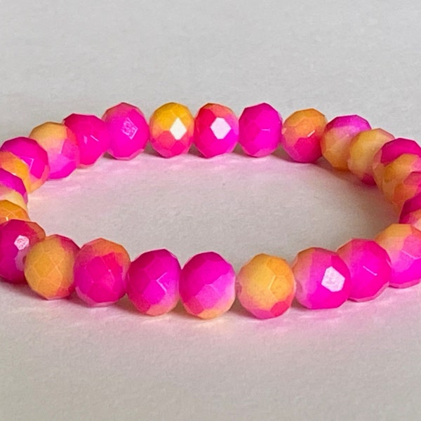 Fuchsia Pink / Yellow Crystal Bead Stretchy Bracelet, Celestial Crystal Bead Bracelet, Stacking Bracelet, Handmade Bracelet