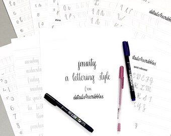 May include: A close-up of a white sheet of paper with the words "jaunty a lettering style from details & scribbles" written in black ink. There are three pens on the paper, one black, one pink, and one blue. The paper is surrounded by other sheets of paper with handwritten letters and words.