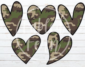 Set of 5 Camo Heart PNG Sublimation, Camouflage Green hearts png files, Sublimation Designs Downloads, Rustic Camo