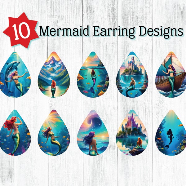 Bundle of 10 Mermaid Earring Designs, Ocean Sublimation Earring Designs Template, Teardrop Earring PNG, Digital Download