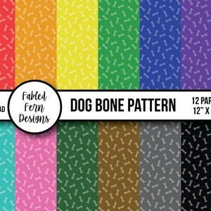 May include: Twelve digital papers featuring a repeating pattern of white dog bones on a variety of coloured backgrounds. The colours include red, orange, yellow, green, blue, purple, turquoise, pink, brown, grey, black, and dark grey. The papers are 12 inches by 12 inches.