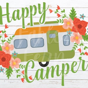Happy Camper Vintage RV Fifth Wheel PNG Instant Download Sublimation T-Shirt Design Camping Camper and Typography