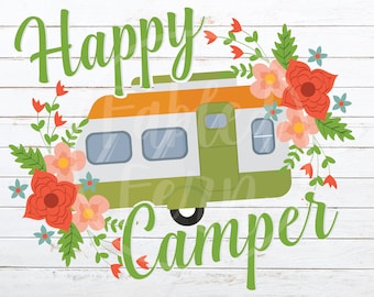 Happy Camper Vintage RV Fifth Wheel PNG Instant Download Sublimation T-Shirt Design Camping Camper and Typography