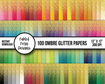 May include: 100 digital papers with ombre glitter effects in various colours. Each paper is 12 inches by 12 inches and 300 DPI.  The papers are perfect for digital scrapbooking, card making, and other craft projects.