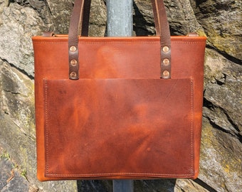 Full Grain Oro tote bag bright copper pull up fall colors with Horween Illini brown straps and d-rings