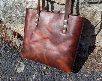 Roasted coffee full grain pull-up leather tote with Horween Illini Brown straps