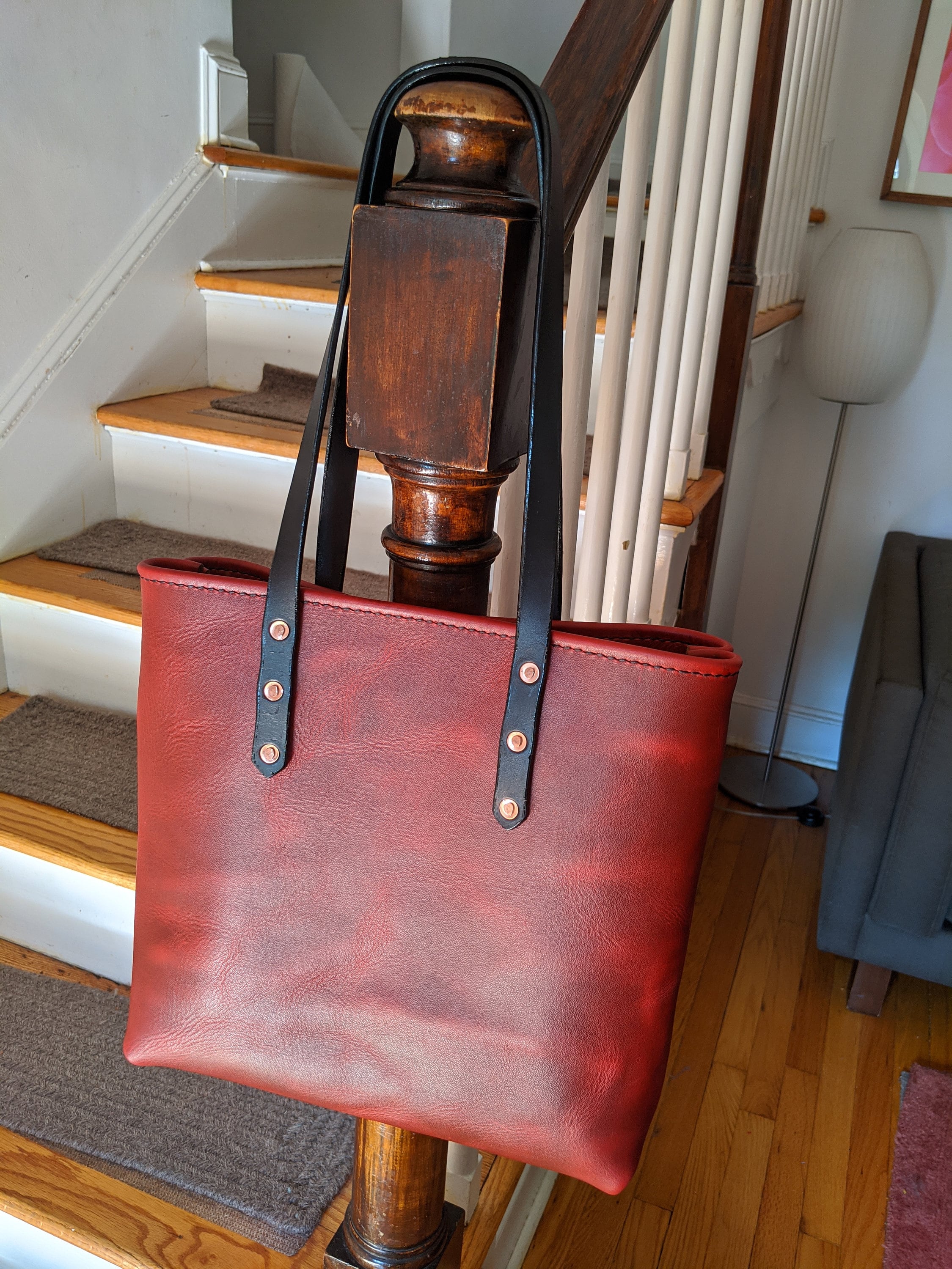 Medium Red Full Grain Leather Tote Bag Handbag Edc Shopper Etsy