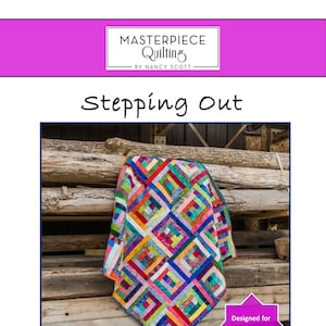 May include: A colorful quilt pattern called "Stepping Out" designed for 2-1/2 inch precut strips. The quilt is made with a variety of bright colors and patterns. The quilt is 55 inches by 55 inches and is a confident beginner project.
