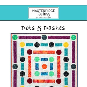 Puede incluir: Un patrón de acolchado llamado "Dots & Dashes" de Nancy Scott. El patrón presenta un diseño geométrico colorido con círculos, cuadrados y rectángulos en tonos de rojo, naranja, amarillo, verde, azul y morado. El tamaño terminado de la colcha es de 63 pulgadas por 63 pulgadas. El patrón está etiquetado como un nivel "Principiante Confiable".