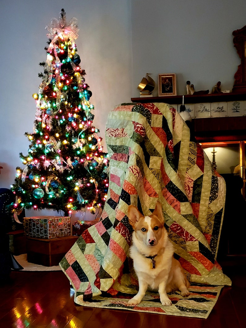 May include: A white and brown corgi dog sits under a colorful patchwork quilt in front of a decorated Christmas tree. The quilt has a variety of colors and patterns, including green, pink, black, and white.