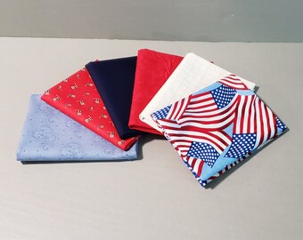 6 Fat Quarter Bundle - Patriotic Quilting Cottons Red White Blue Americana