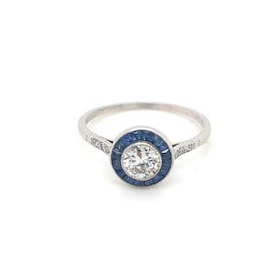 Art Deco Style .48 Diamond Sapphire Halo Platinum Ring