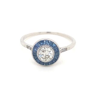 Art Deco Style .41 Diamond Sapphire Halo Platinum Ring