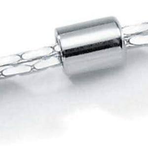 May include: A silver jewellery extender with two cylindrical beads and a lobster clasp. The extender has two small jump rings at one end and a lobster clasp at the other, designed to lengthen necklaces or bracelets.