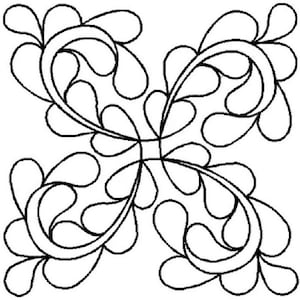 May include: A black and white line drawing of a stylized floral design with four symmetrical sections. The design features a series of overlapping teardrop shapes and curved lines.